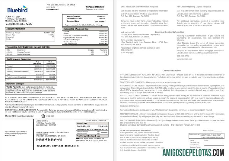 Extrato de hipoteca do USA Bluebird Bank em formatos Word e PDF exemplo